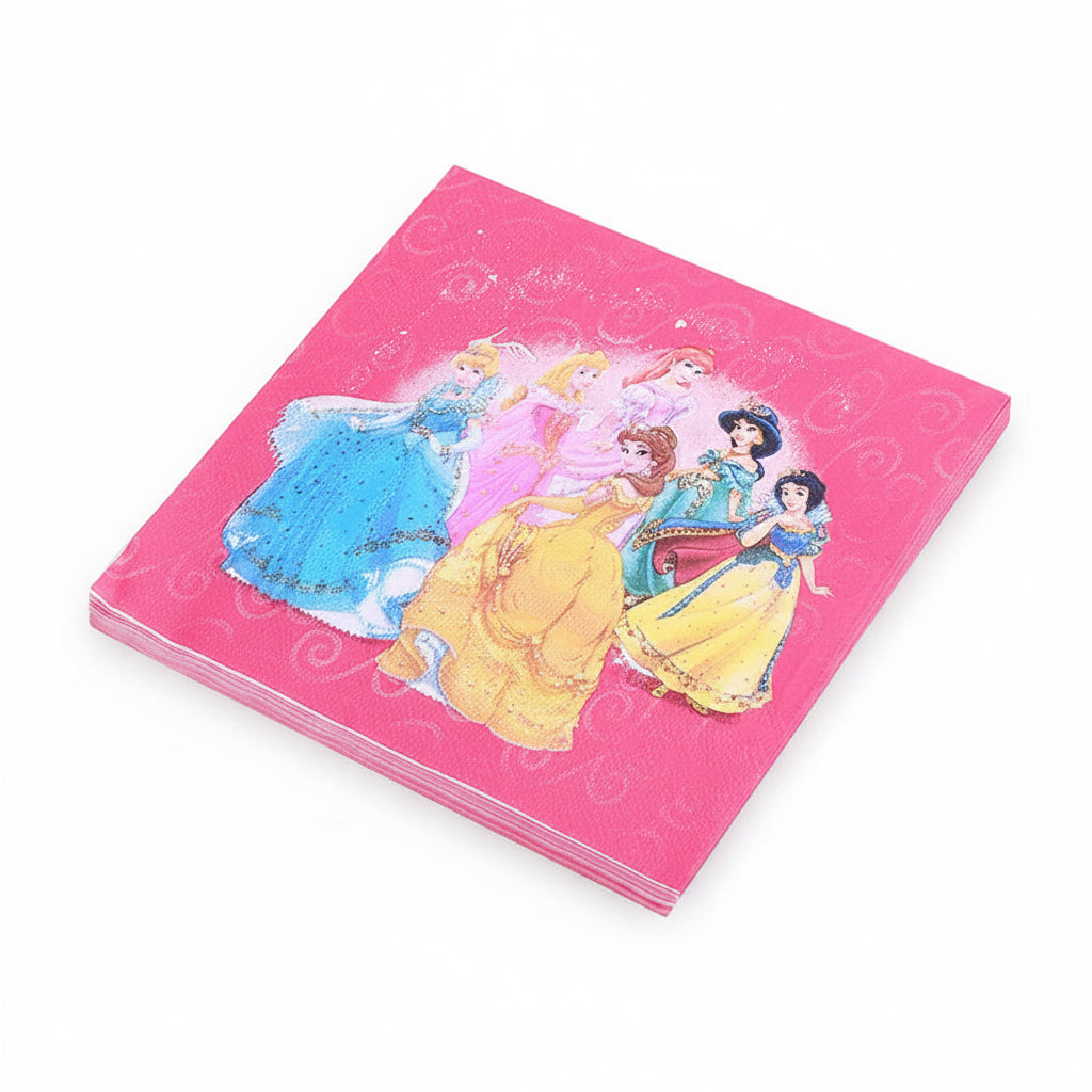 A stack of square pink paper napkins featuring a colorful illustration of Disney princesses, shown on a plain white background.