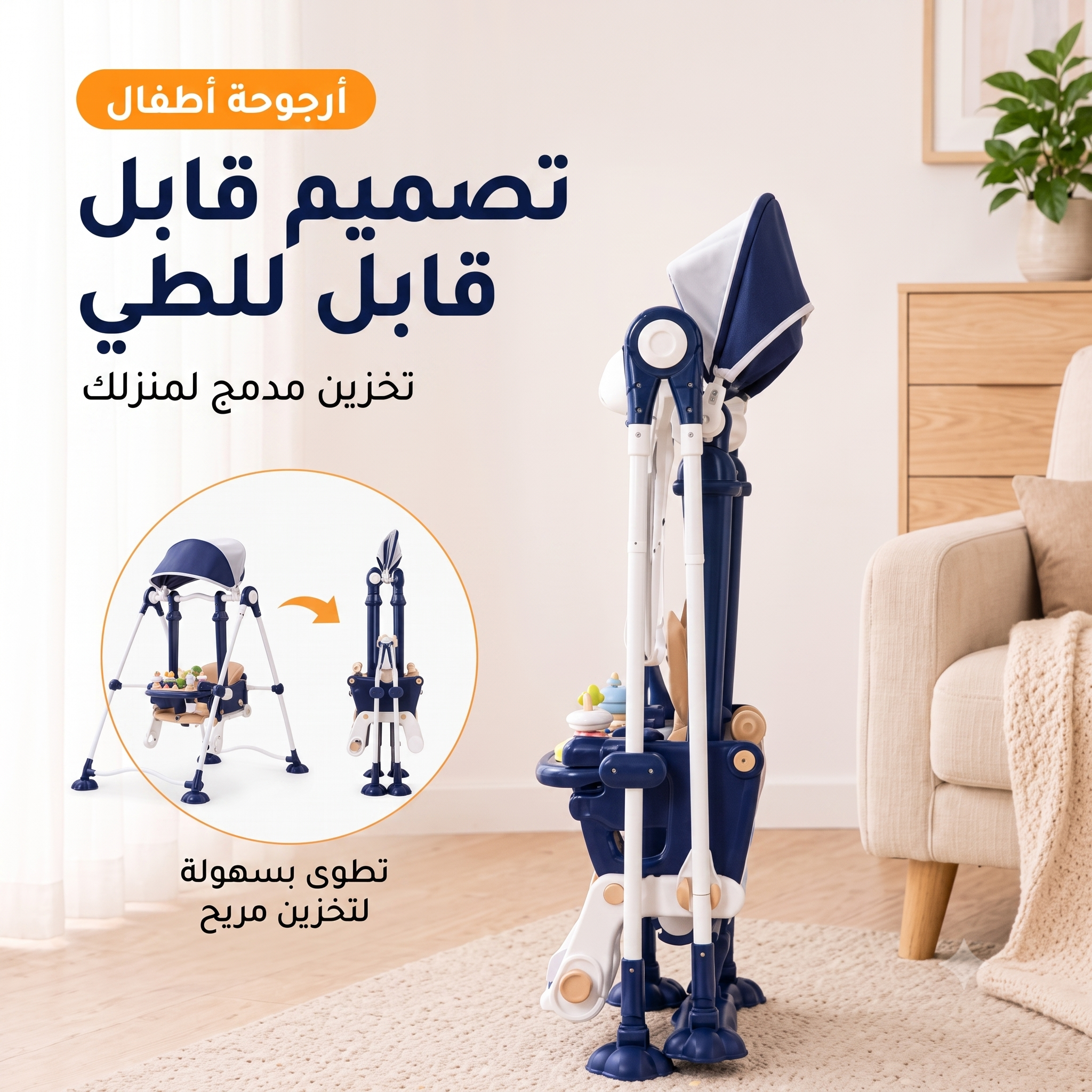 أرجوحة الأطفال 3 في 1 مع مظلة وصينية ألعاب - أرجوحة داخلية وخارجية قابلة للطي (6 شهور - 6 سنوات)