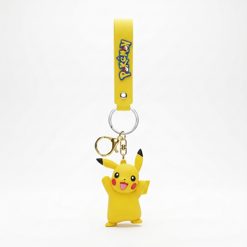 A yellow Pikachu character keychain featuring a 3D character charm and a matching yellow strap with the Pokémon logo, set against a plain white background.