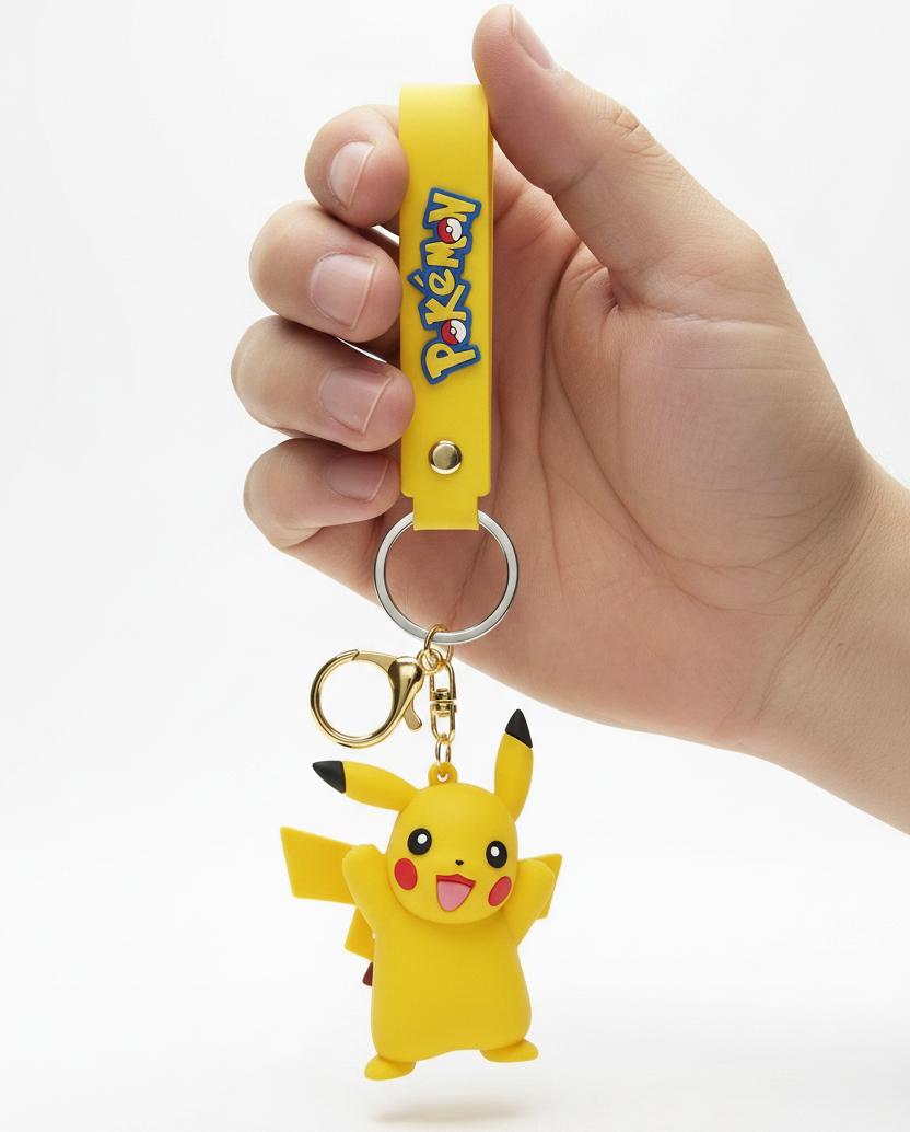 A yellow Pikachu character keychain featuring a 3D character charm and a matching yellow strap with the Pokémon logo, set against a plain white background.