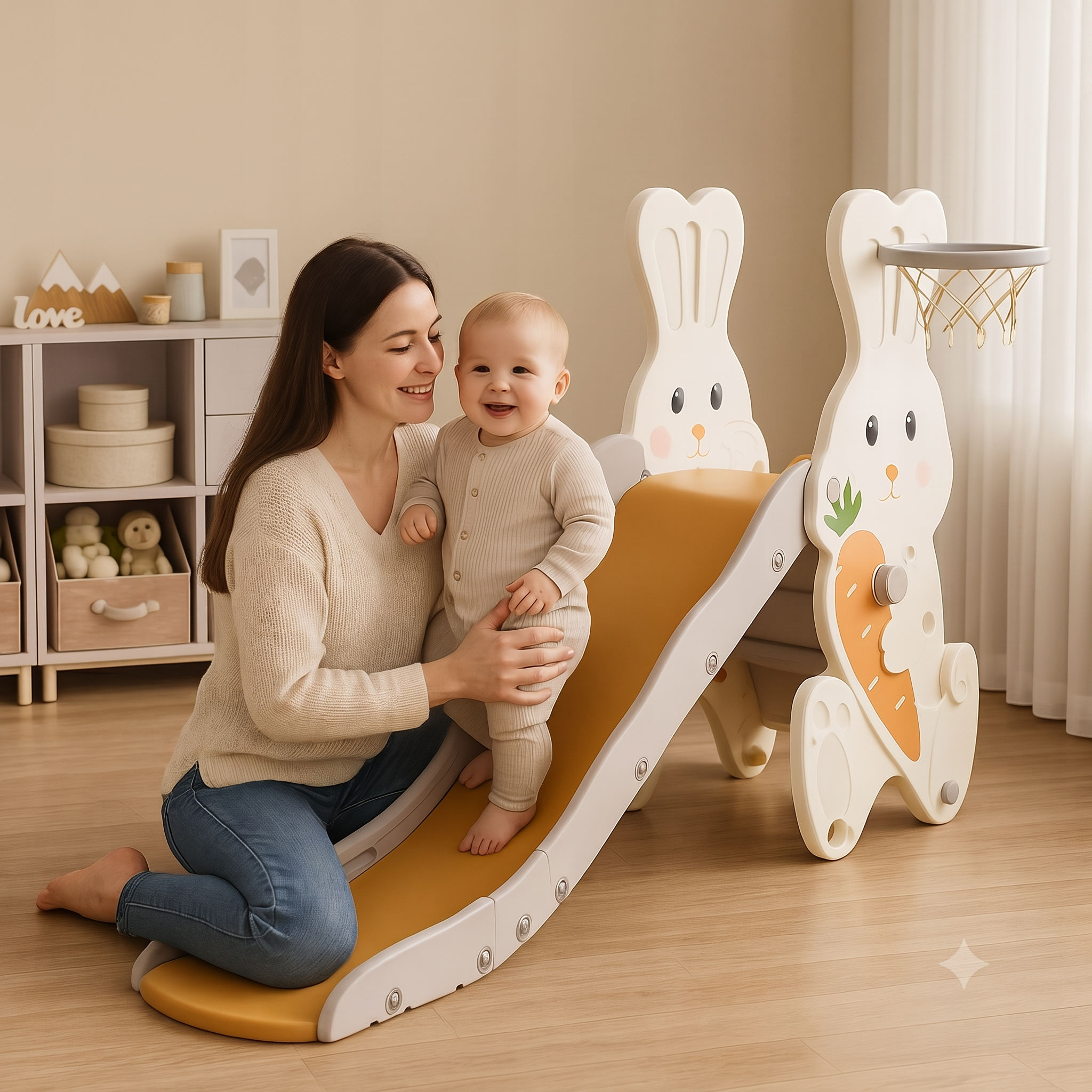زحليقة الأطفال على شكل أرنب مع طوق كرة السلة - للحديقة والمنزل