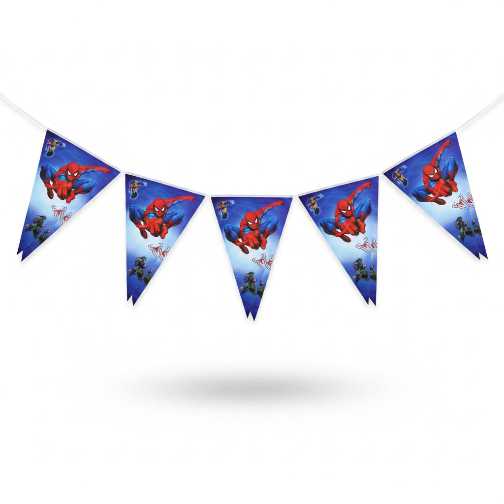 A triangular Spider-Man themed pennant banner featuring Spider-Man in red and blue, with smaller Marvel character illustrations on a blue gradient background, suspended from a white header.