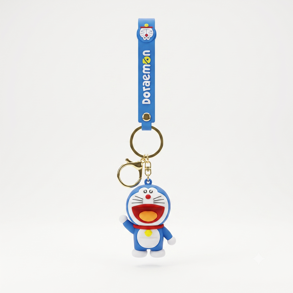 A blue and white Doraemon keychain featuring a 3D character charm of Doraemon with a gold-tone key ring and a blue strap printed with 'Doraemon' in white.
