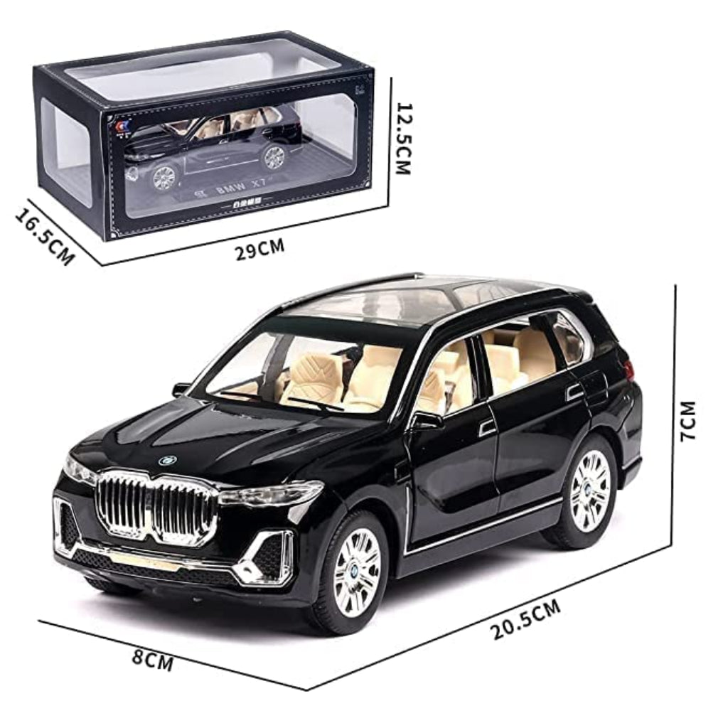 Black SUV model car with dimensions displayed on a white background