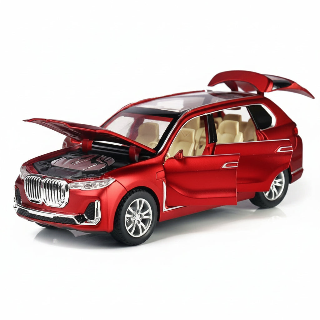Red toy SUV with open doors on a white background