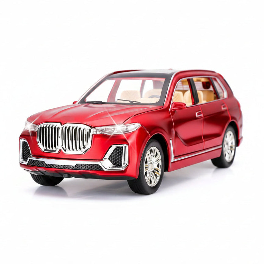 Red model car with measurements on a white background