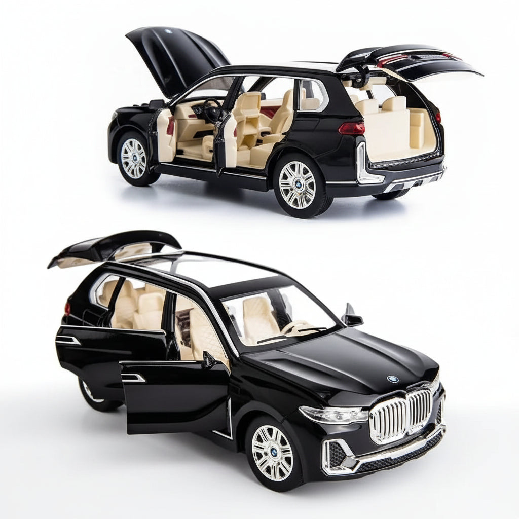 Black toy car with open doors on a white background