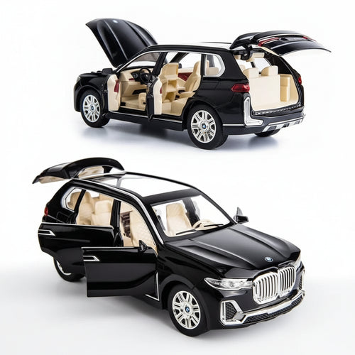 Black toy car with open doors on a white background