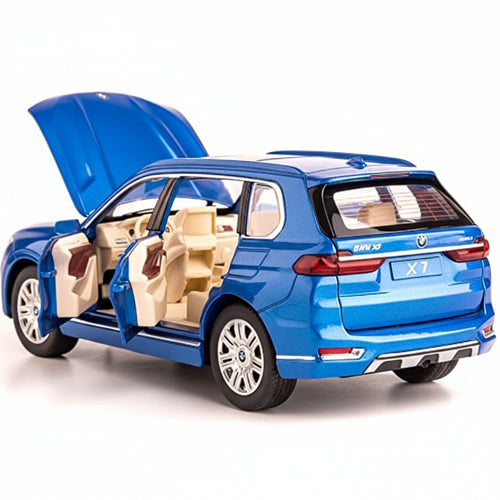 Blue toy car with open doors and trunk on a white background