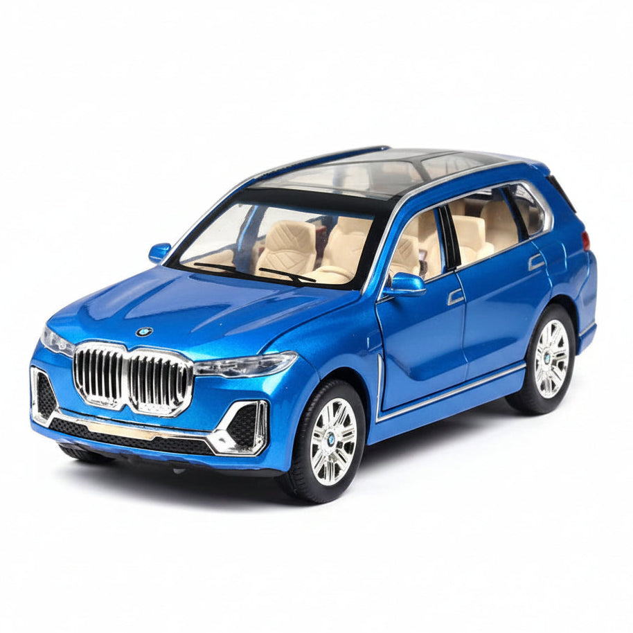 Blue toy car model on a white background