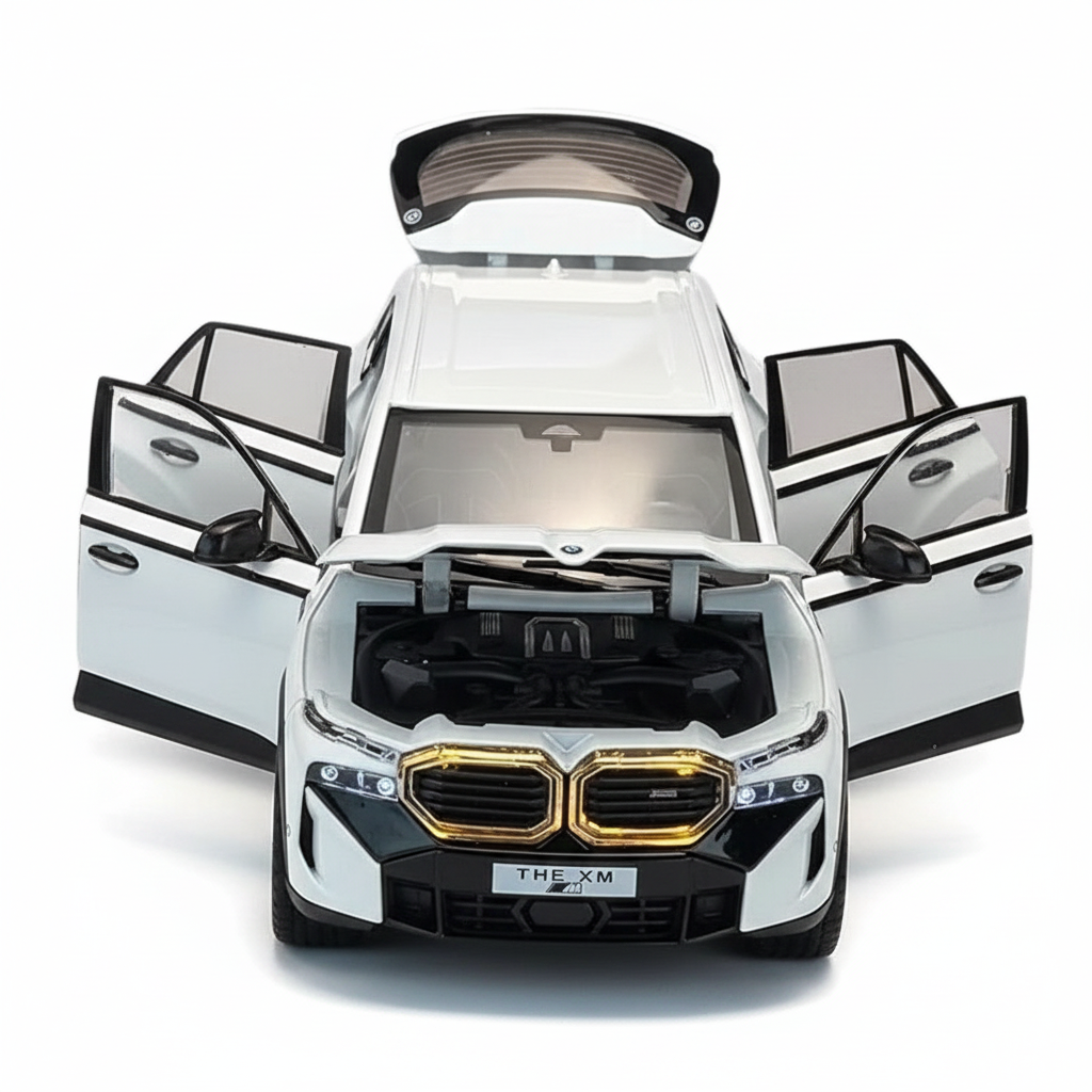 Model car with open doors on a white background