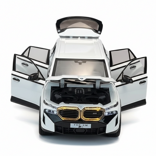 Model car with open doors on a white background