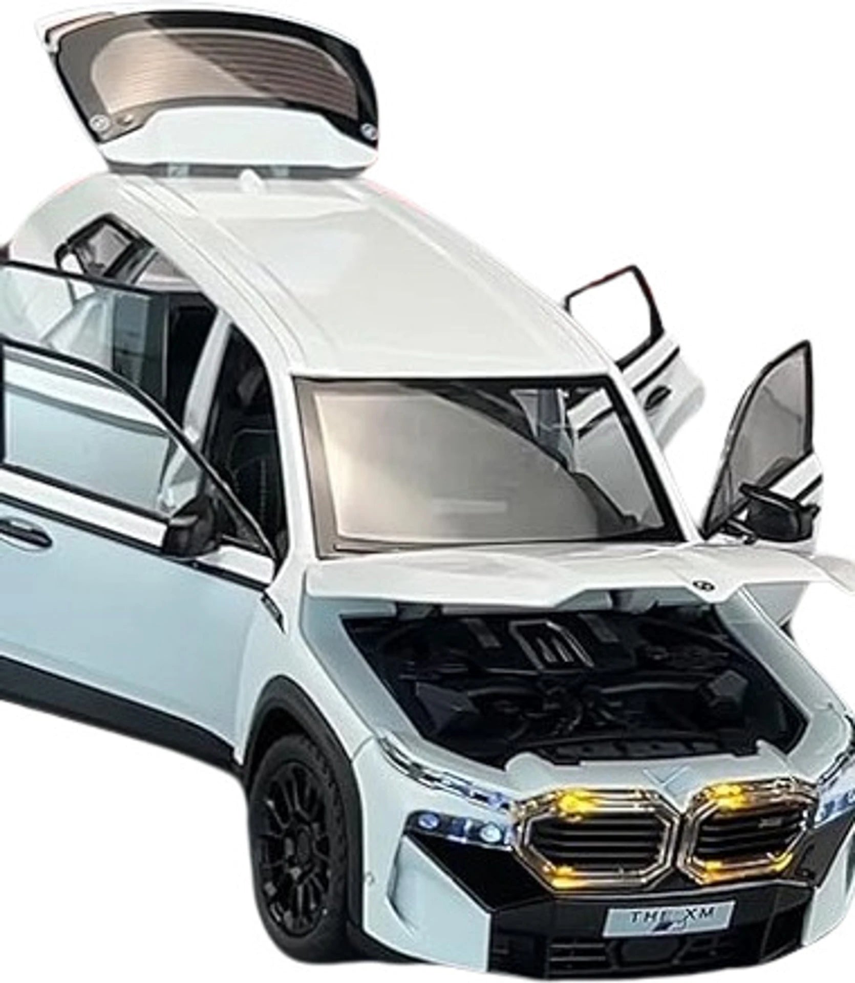 Model of a futuristic car with open doors and hood on a white background