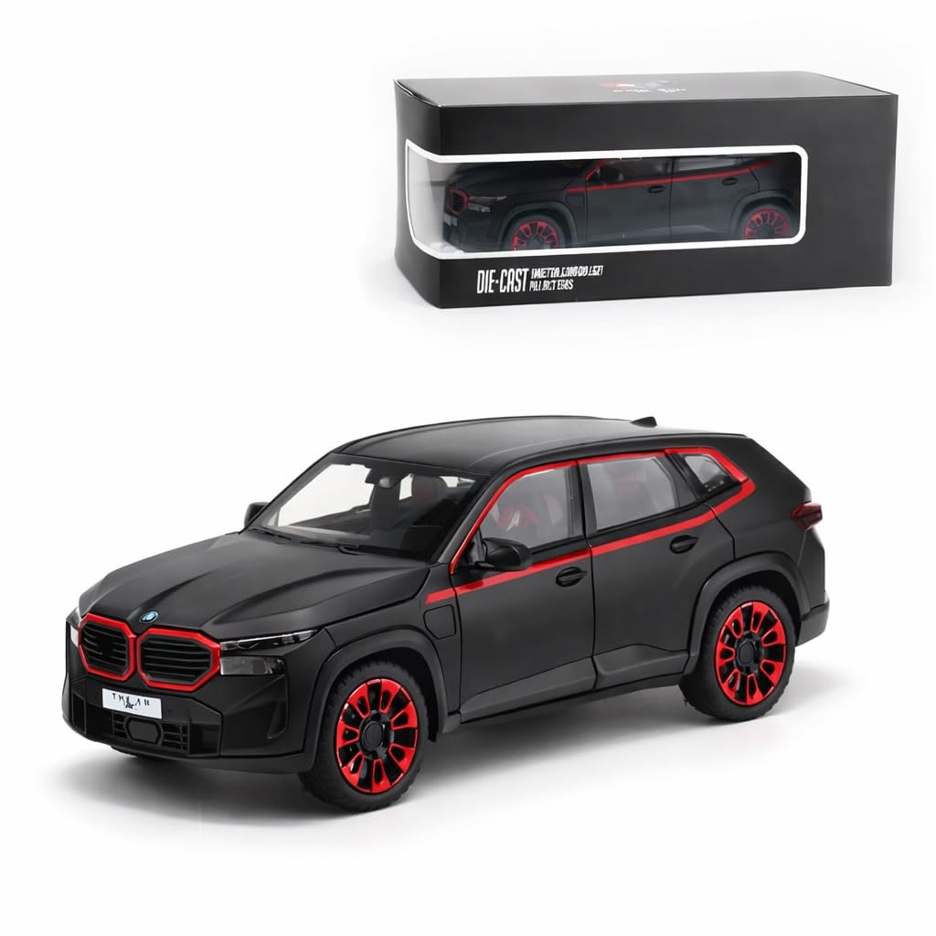 Model car with red accents in front of its packaging box on a white background