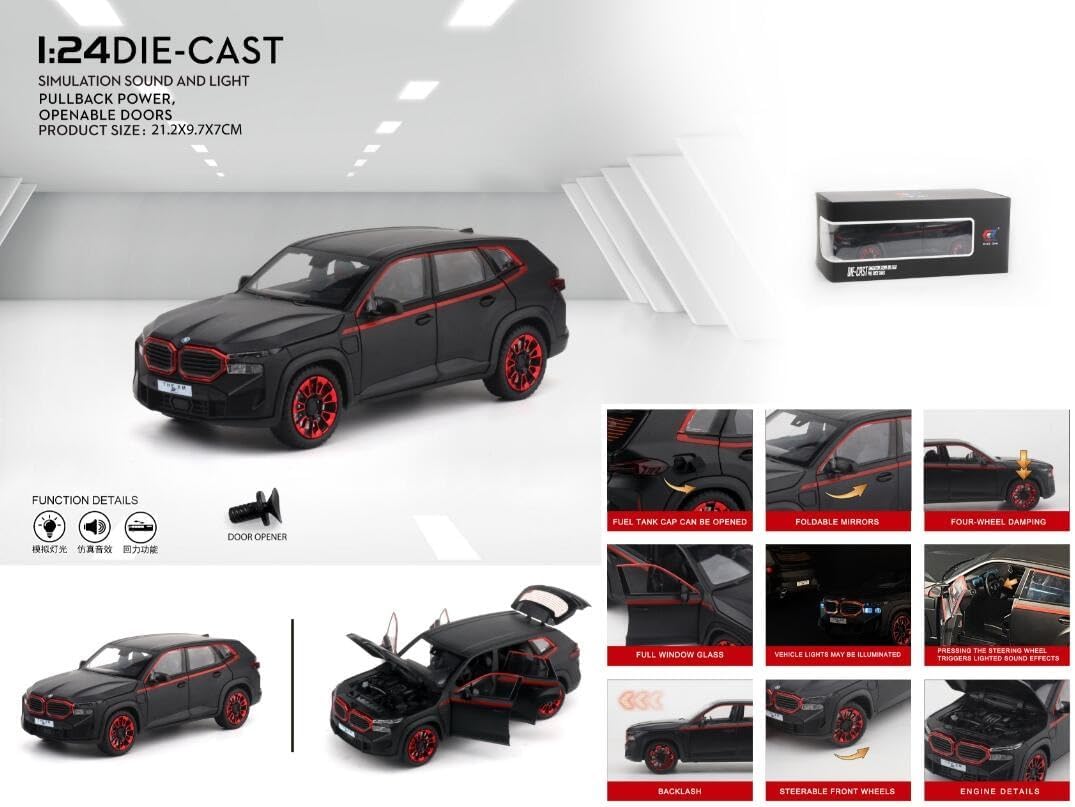 Black and red model car with features and specifications displayed on a white background