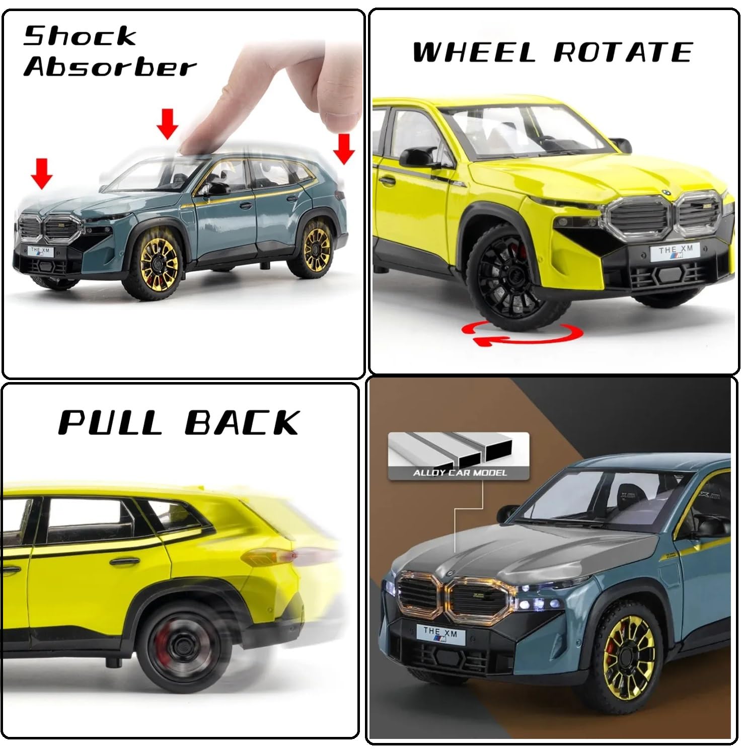 Four panels showing different features of a toy car model with labeled parts.