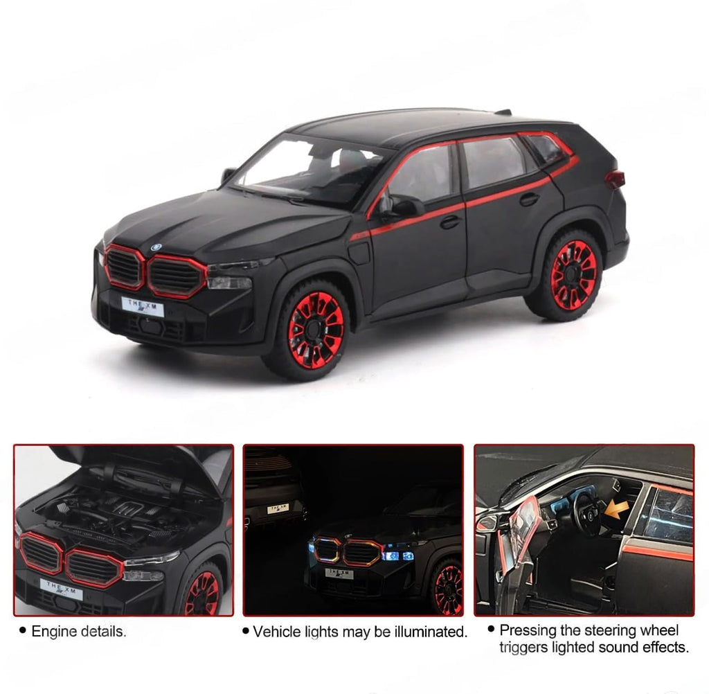 Model car with red accents on a white background
