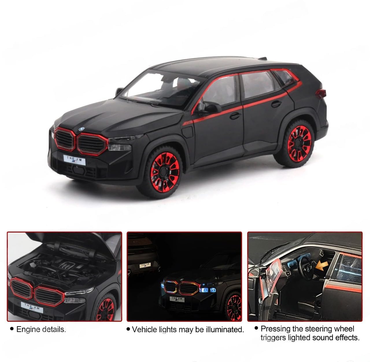 Model car with red accents on a white background