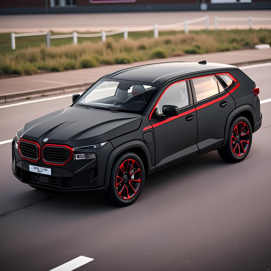 Black SUV with red accents on a road