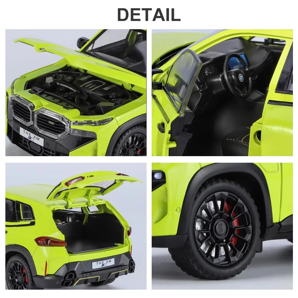 Collage of a lime green car showing different parts including engine, interior, trunk, and wheel.