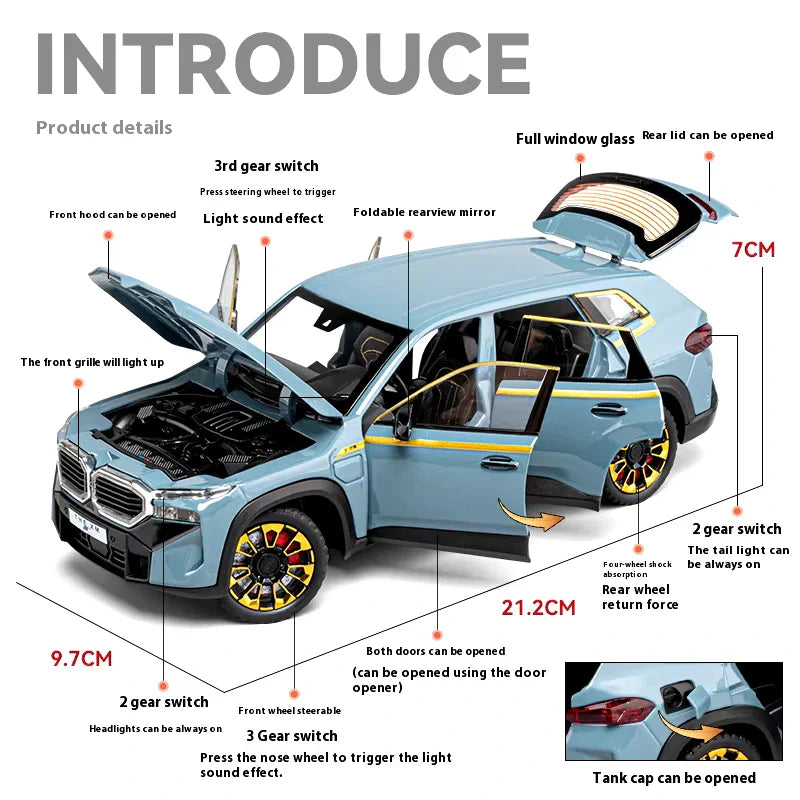 Model car with labeled features and dimensions on a white background