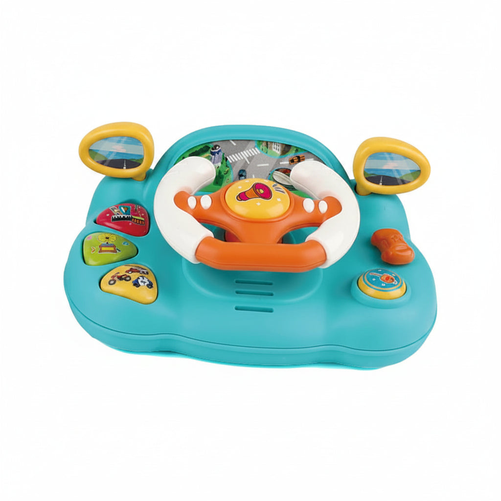Colorful toy steering wheel with measurements on a white background