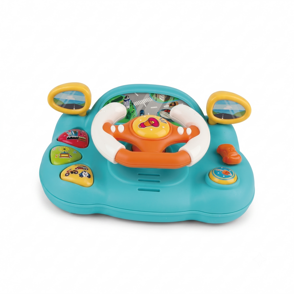 Colorful toy steering wheel with buttons on a white background