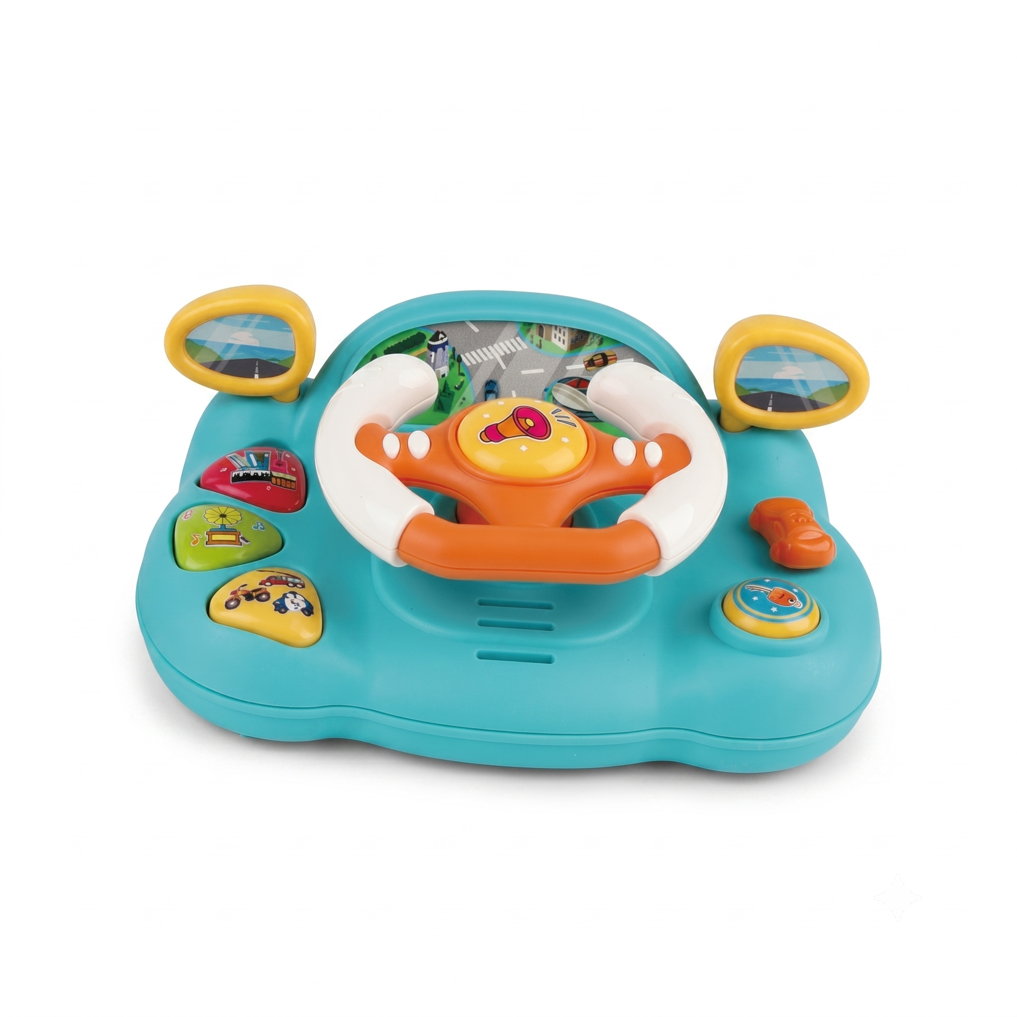 Colorful toy steering wheel with buttons on a white background