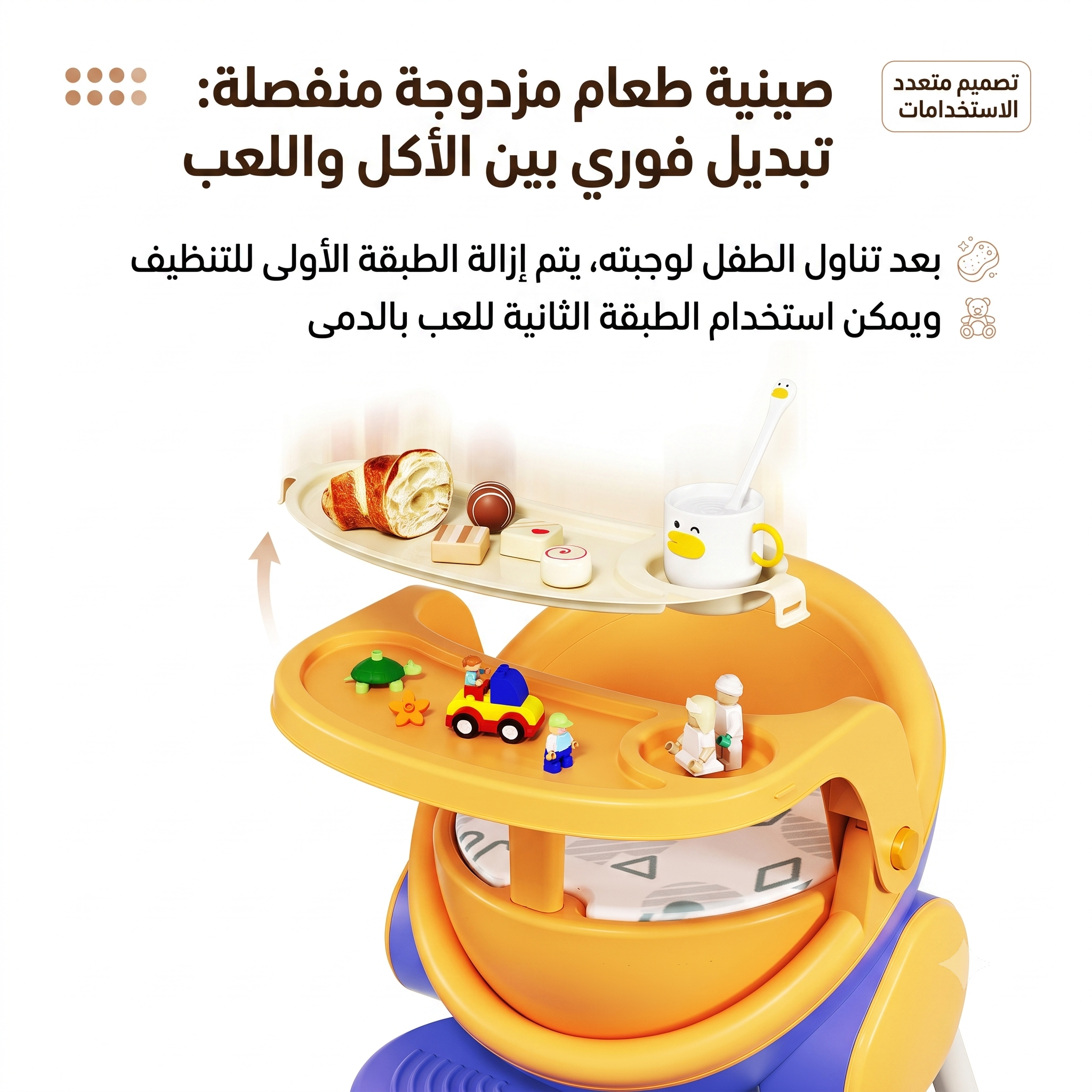 كرسي أطفال 3 في 1 بطاولتين قابلتين للفصل وموسيقى وتخزين للرضع