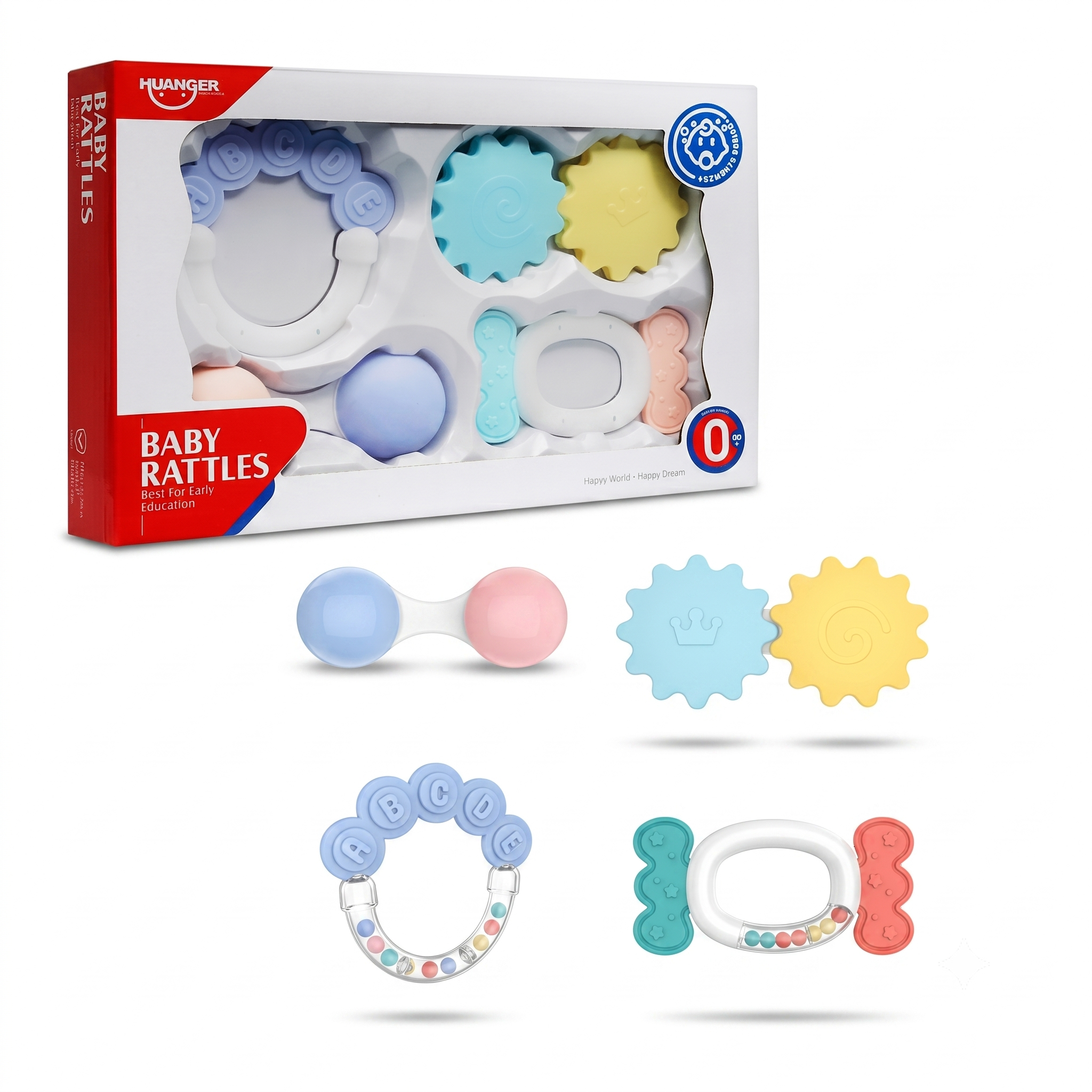 Box of HUANER baby rattles with colorful toys displayed in front.