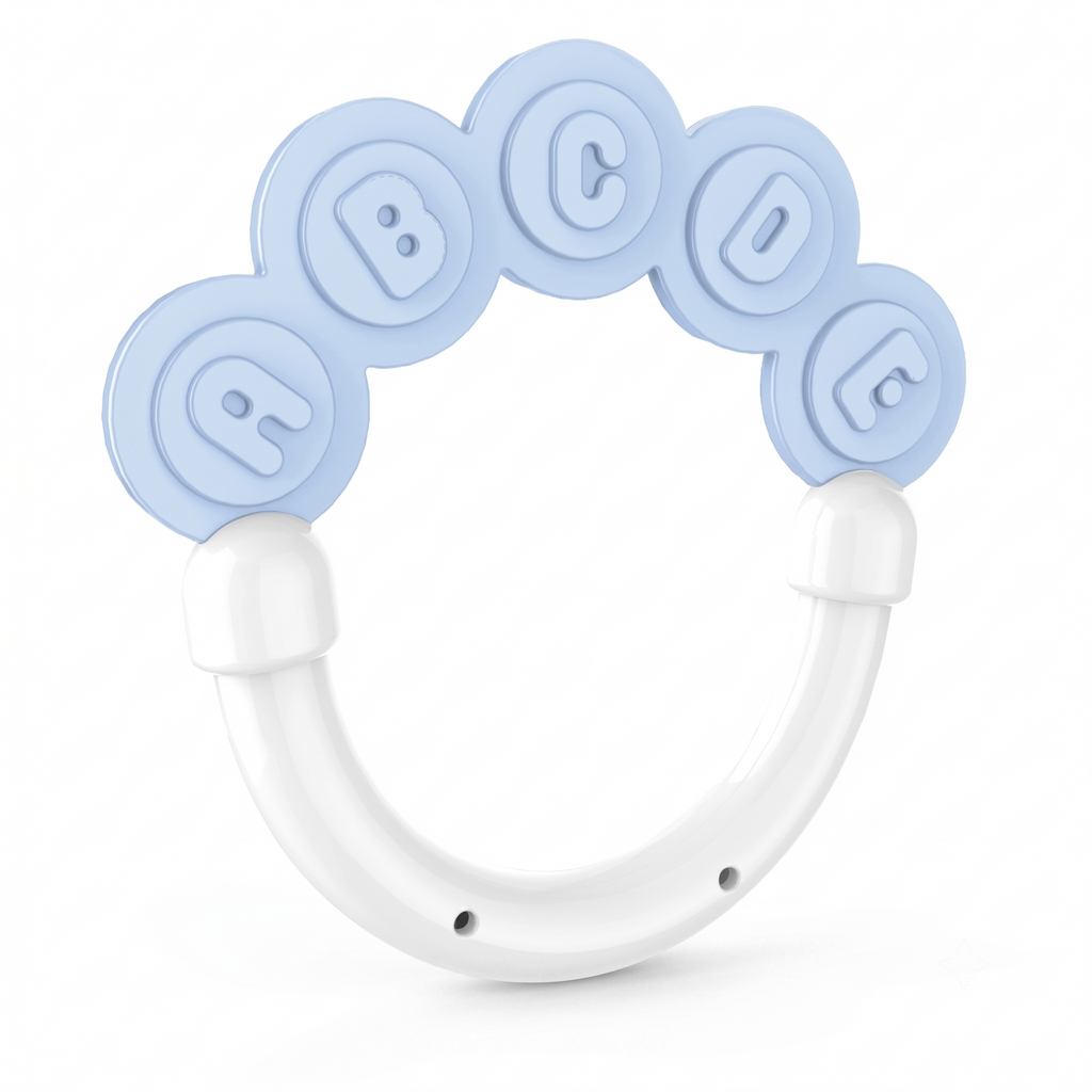 Teething ring with blue circular buttons and white base on a white background