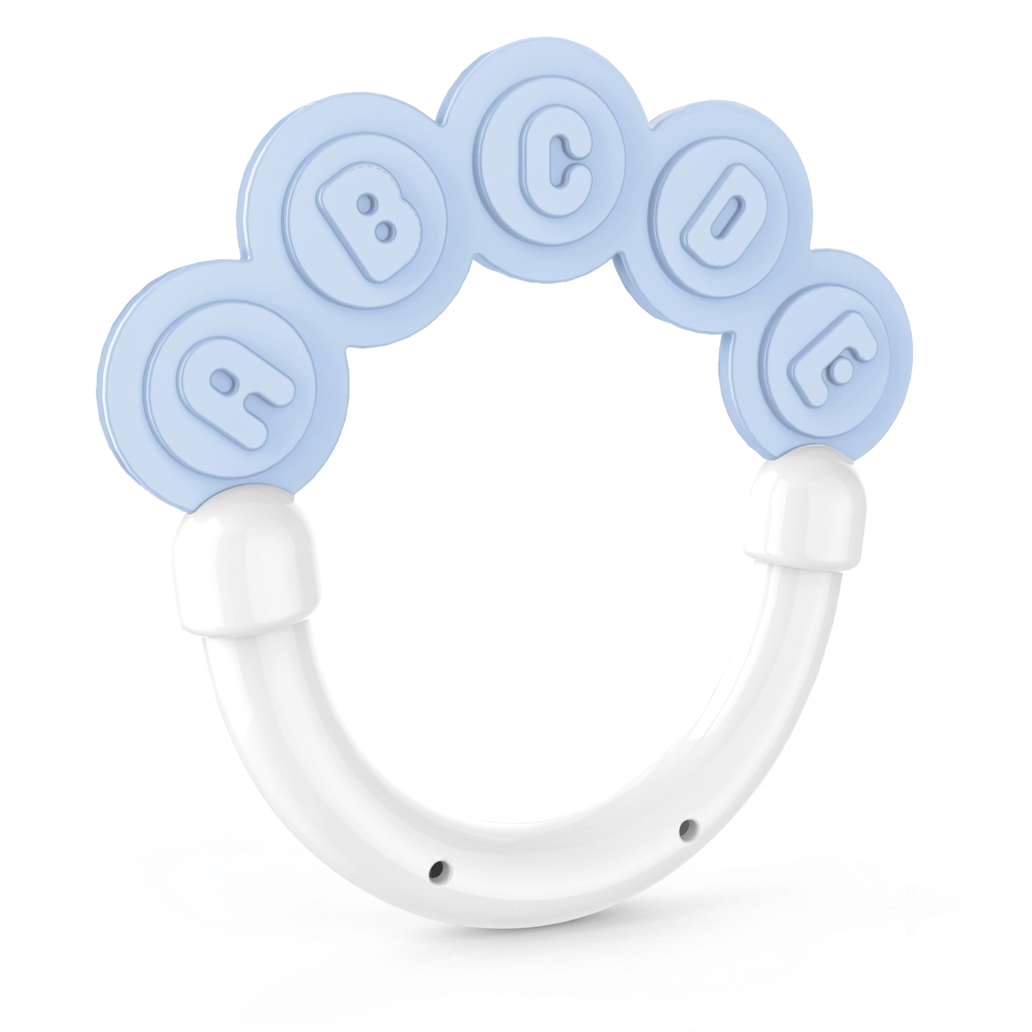 Teething ring with blue circular buttons and white base on a white background