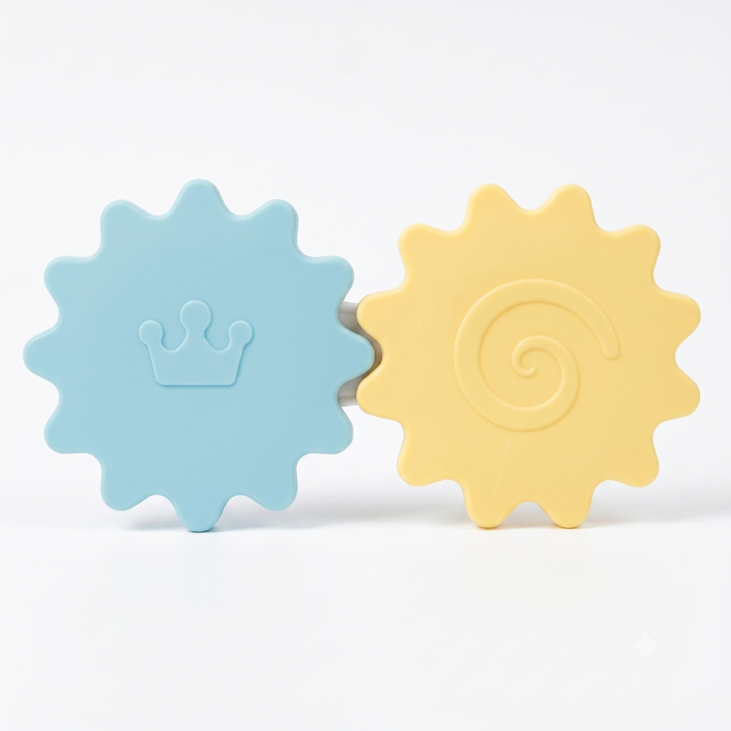 Two colorful sun-shaped toys, one blue with a crown and one yellow with a spiral, on a white background.