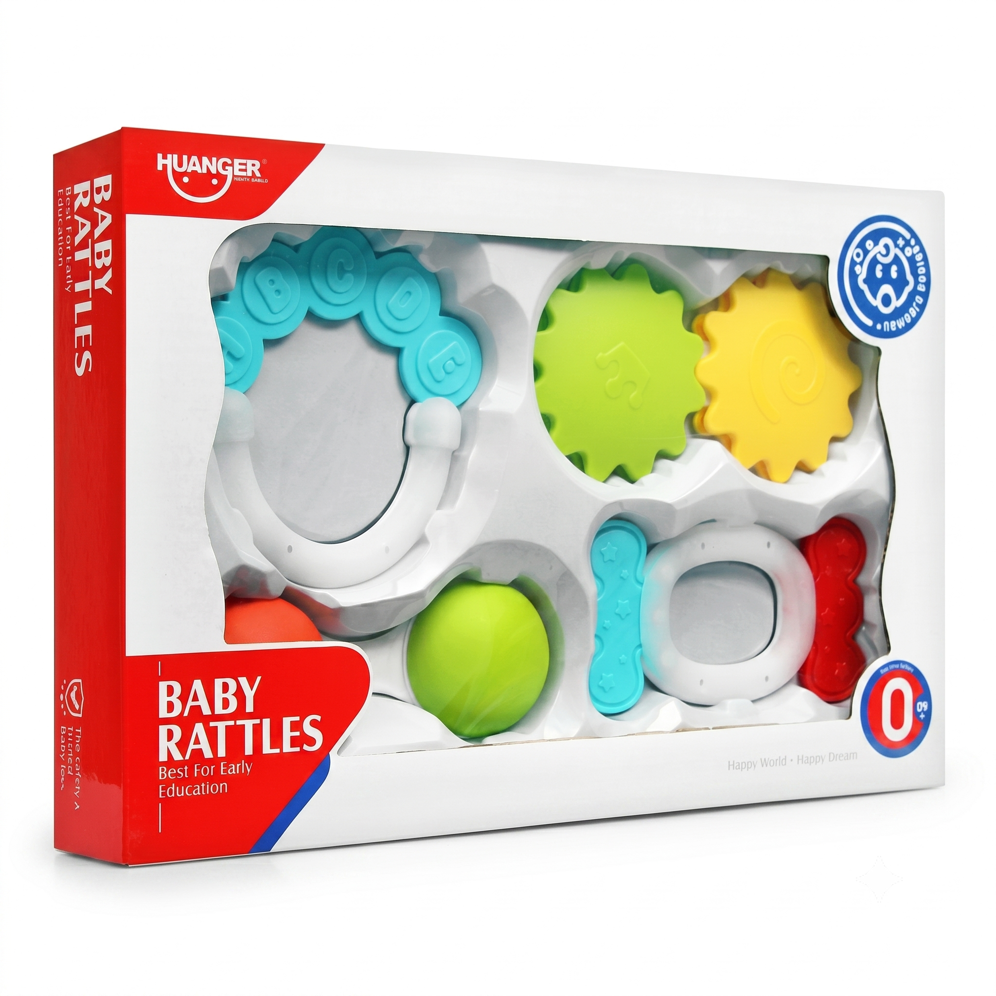 Box of HUANER baby rattles with colorful shapes on a white background