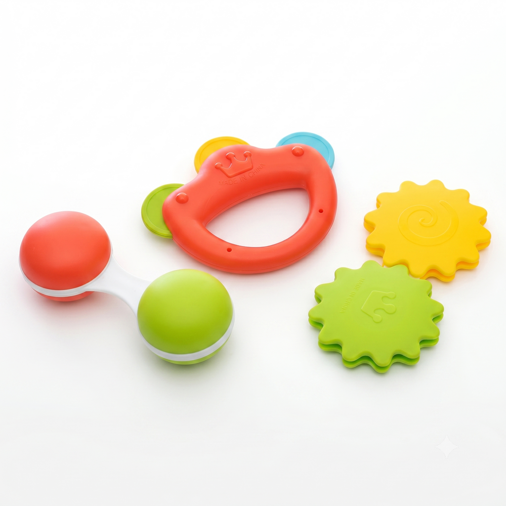 Colorful baby teething toys on a white background