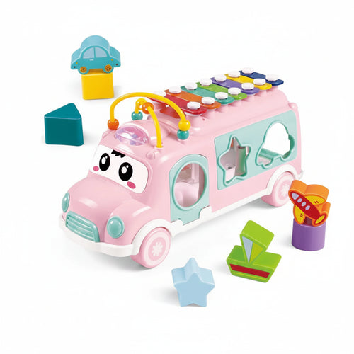 Colorful toy car with shape sorter and educational elements on a white background