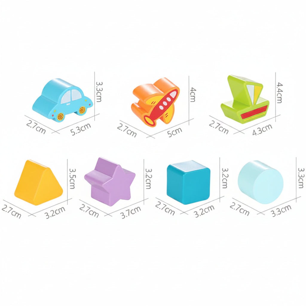 Colorful toy blocks with measurements on a white background