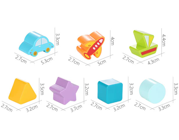 Colorful toy blocks with measurements on a white background