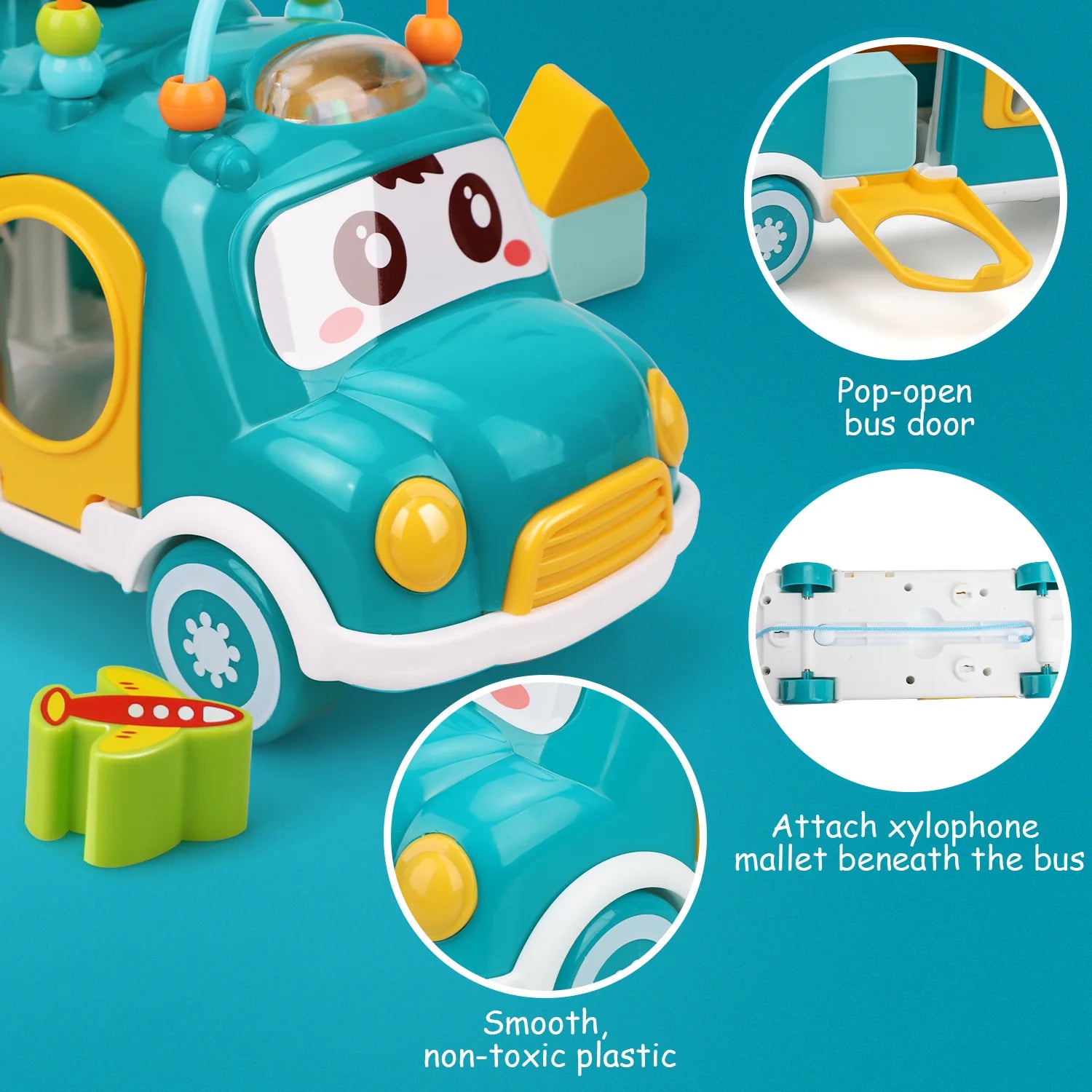 Toy bus with features highlighted on a blue background