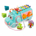 Colorful toy bus with educational elements on a white background