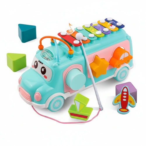 Colorful toy bus with educational elements on a white background
