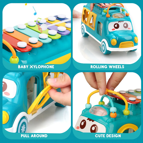 Collage of a toy bus with xylophone and rolling wheels, labeled 'Baby Xylophone', 'Rolling Wheels', 'Pull Around', and 'Cute Design'.