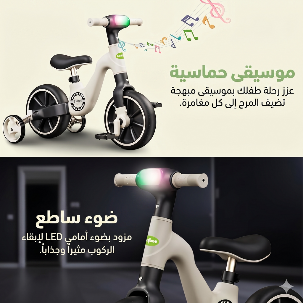 دراجة 2 في 1  ثلاثية العجلات + دراجة توازن + مقبض 360 درجة مع موسيقى وإضاءة