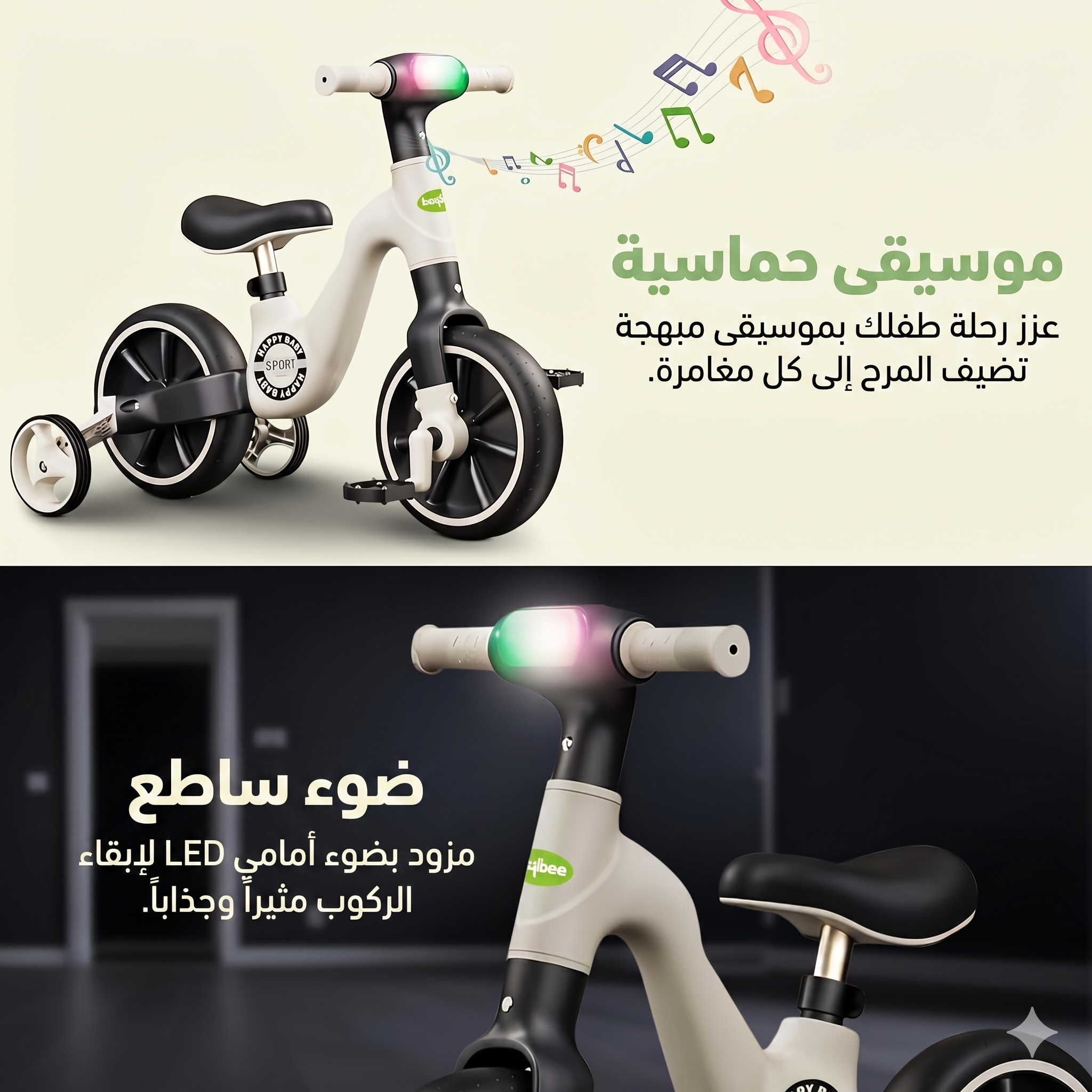 دراجة 2 في 1  ثلاثية العجلات + دراجة توازن + مقبض 360 درجة مع موسيقى وإضاءة