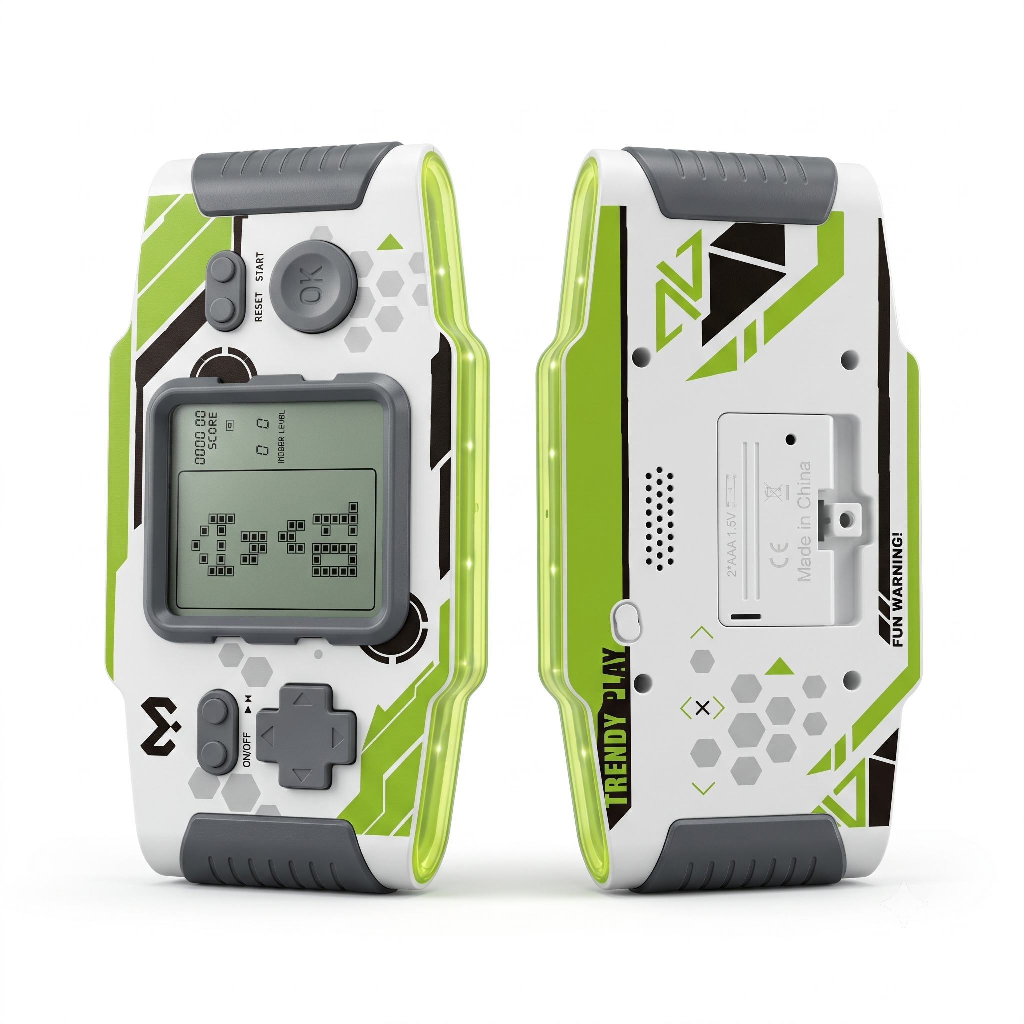 Two retro-style handheld gaming devices with green and gray design on a white background