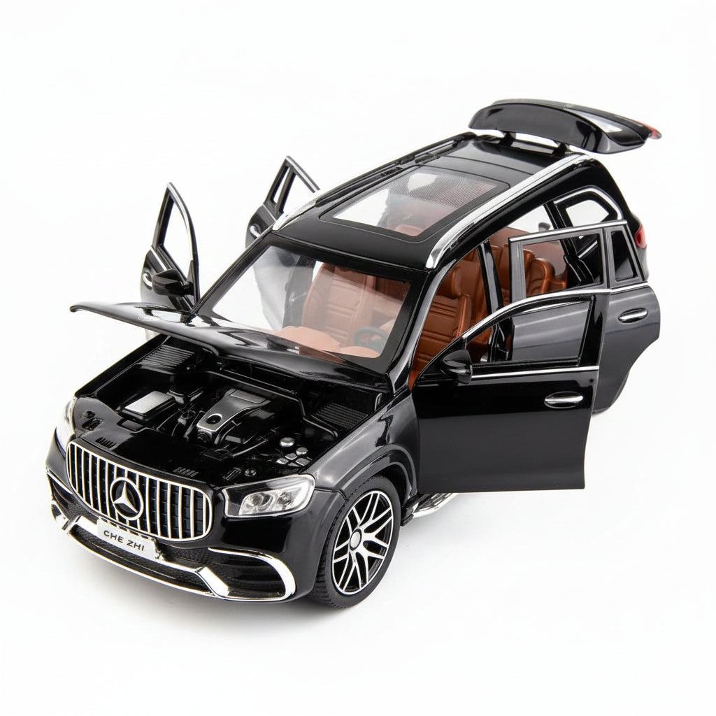 Black model car with open doors and detailed specifications on a white background