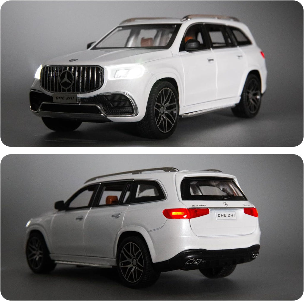 White SUV model with Mercedes-Benz logo on a gray background