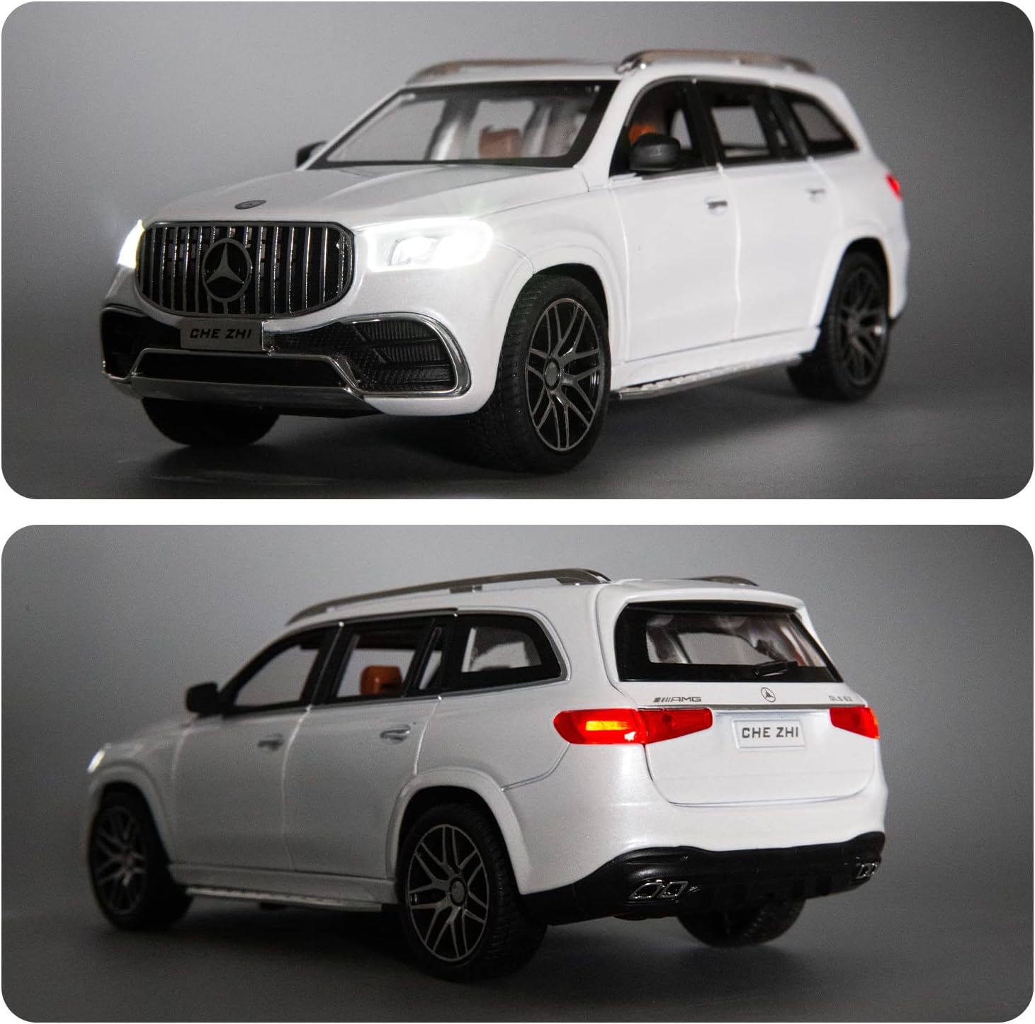 White SUV model with Mercedes-Benz logo on a gray background