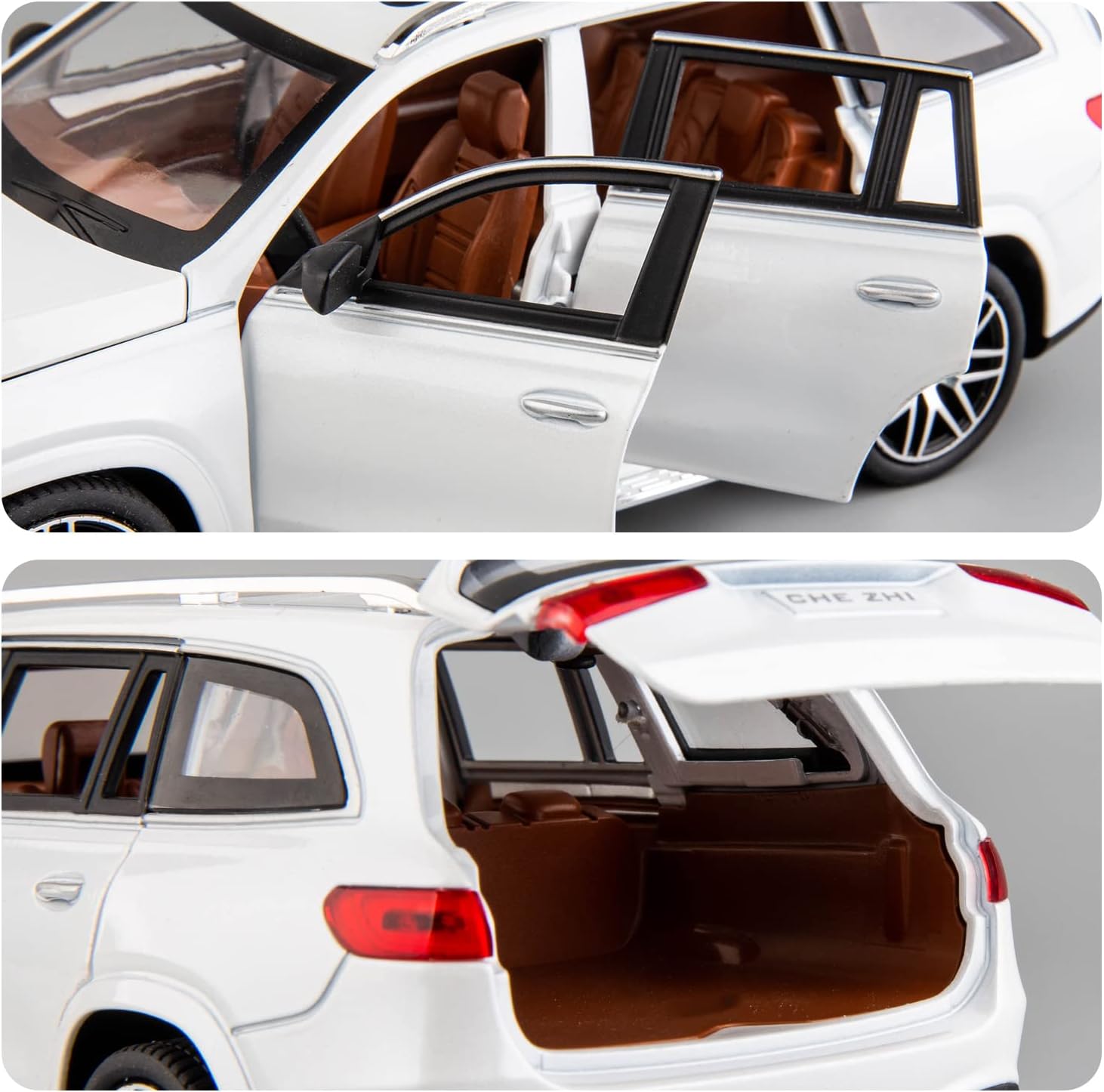 Model car with open doors and trunk on a gray background