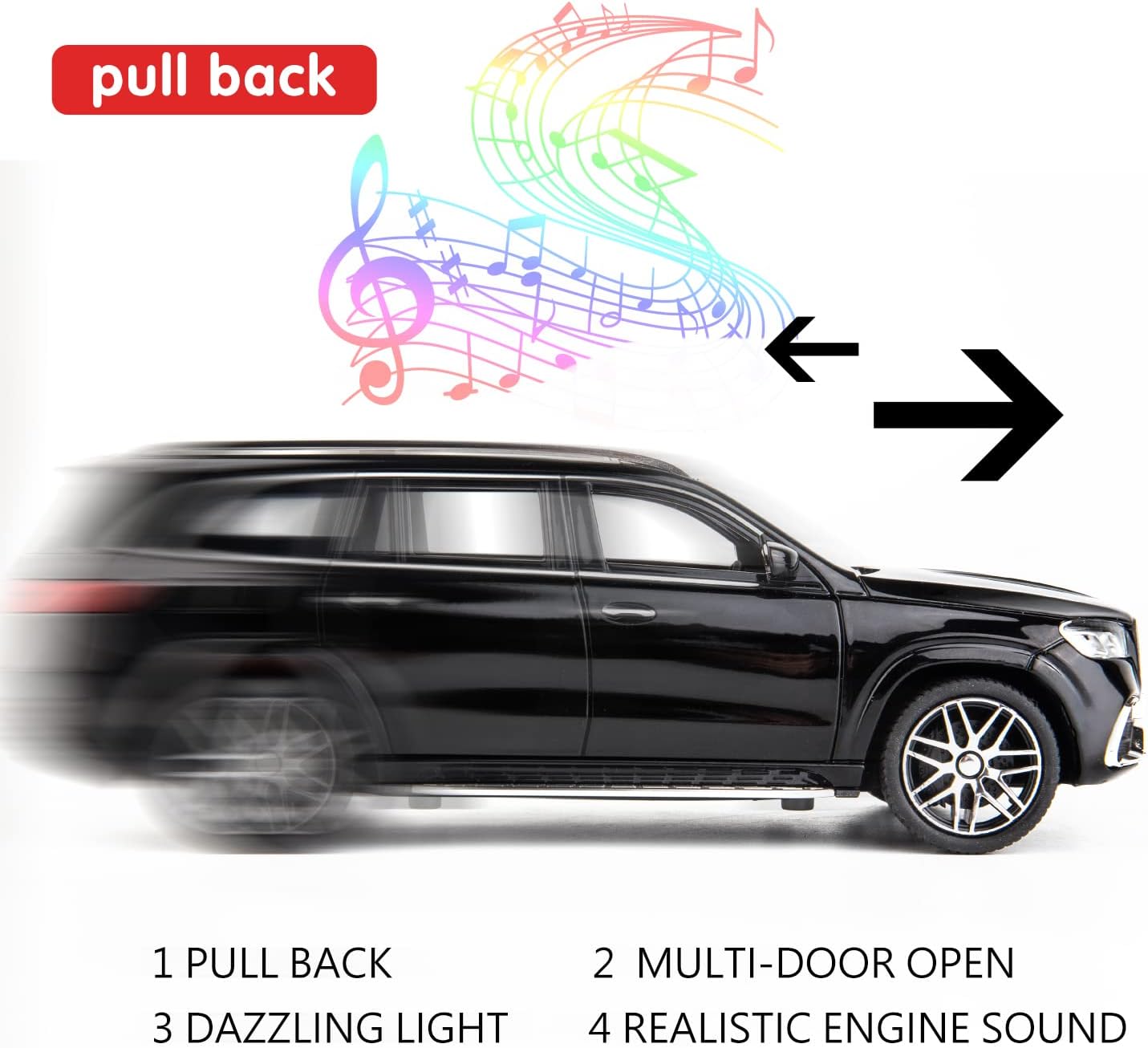 Black car with musical notes and text indicating features like 'pull back', 'multi-door open', 'dazzling light', and 'realistic engine sound'.